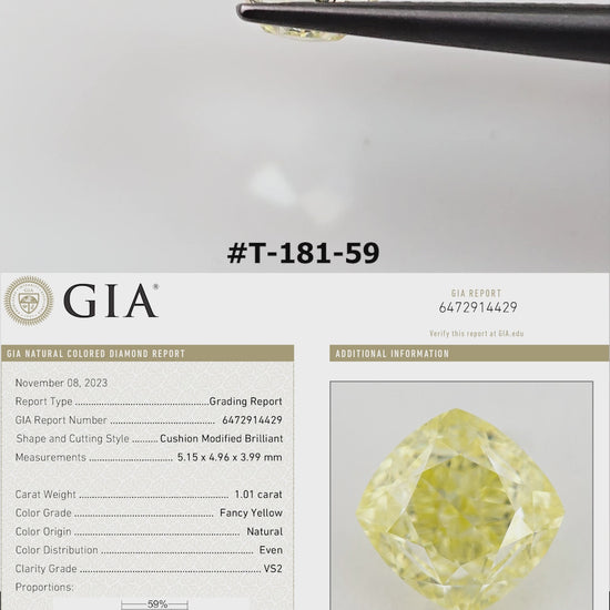 Video of the exact yellow cushion diamond T-181-59, shown from several angles.
