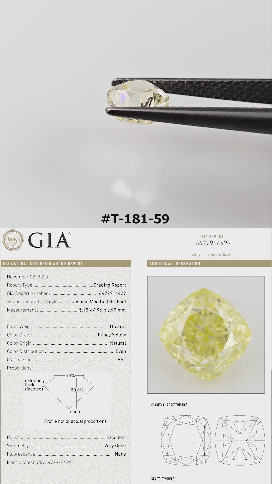 Video of the exact yellow cushion diamond T-181-59, shown from several angles.