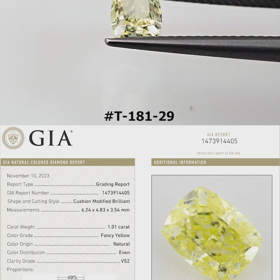 Video of the cushion-shaped yellow diamond T-181-29, shown between tweezers and on fingers from several angles.