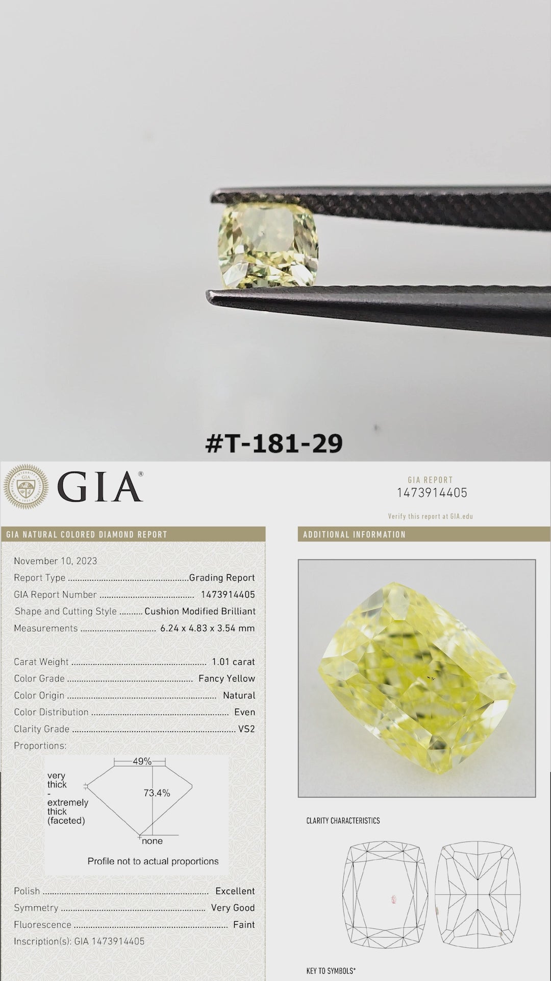 Video of the cushion-shaped yellow diamond T-181-29, shown between tweezers and on fingers from several angles.