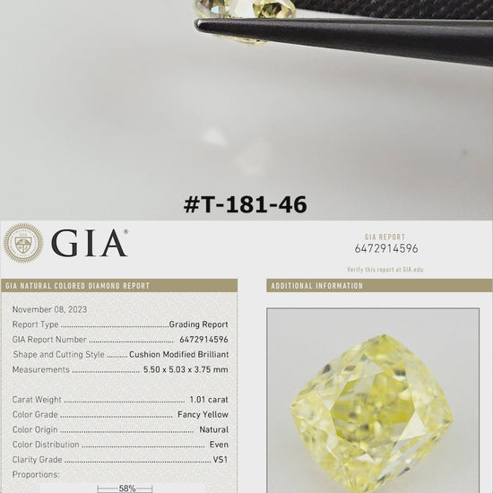 Video of the exact yellow cushion diamond T-181-46, shown from several angles.
