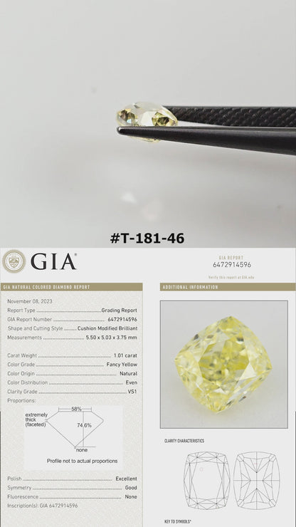 Video of the exact yellow cushion diamond T-181-46, shown from several angles.