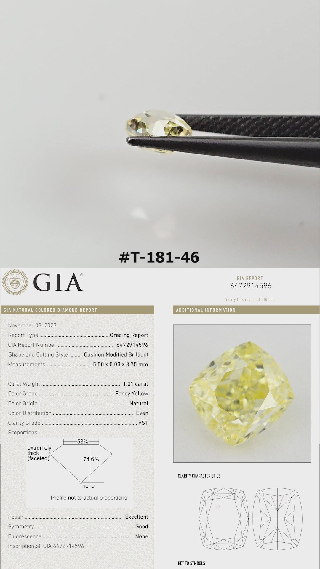 Video of the exact yellow cushion diamond T-181-46, shown from several angles.