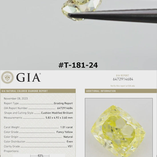 The yellow cushion diamond turns in tweezers and rests against fingertips for scale, alongside its GIA report details.
