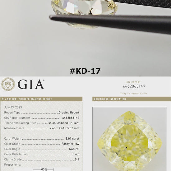 Yellow cushion diamond turning in tweezers and resting on fingertips for scale, with its matching GIA report beneath.
