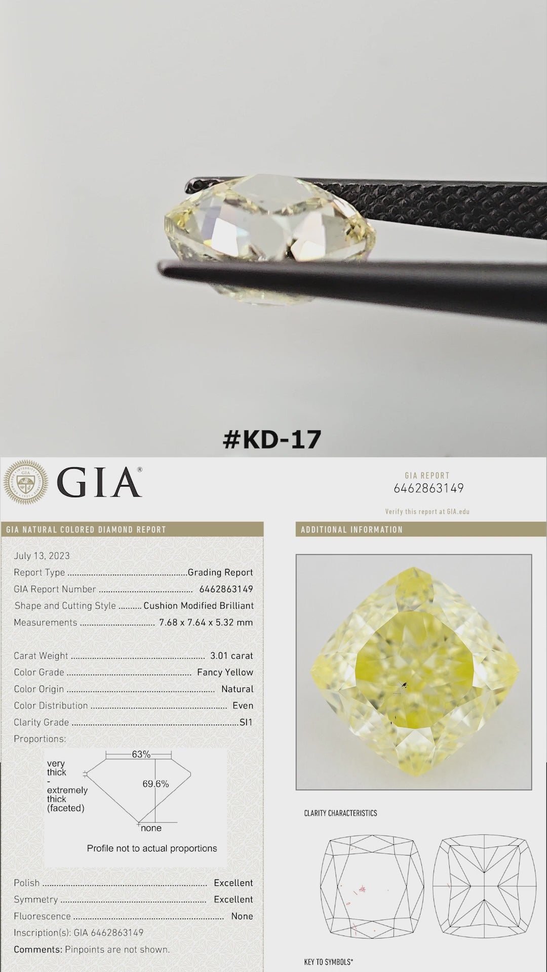 Yellow cushion diamond turning in tweezers and resting on fingertips for scale, with its matching GIA report beneath.