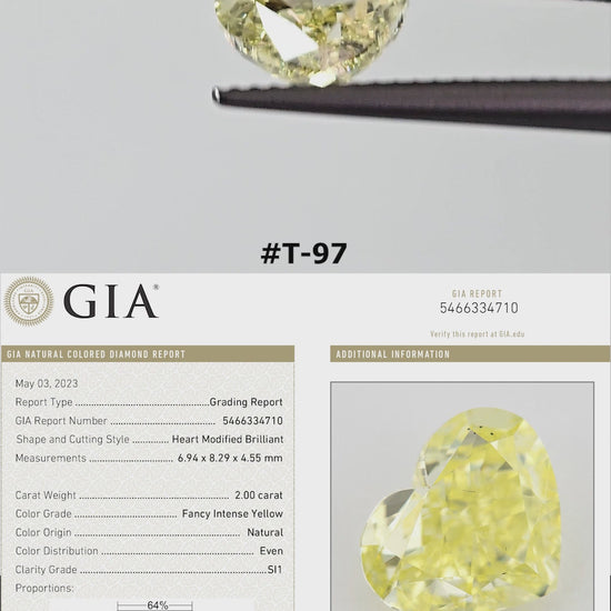 Yellow natural diamond rotating in tweezers and resting on fingertips for scale, with its corresponding GIA report beneath.