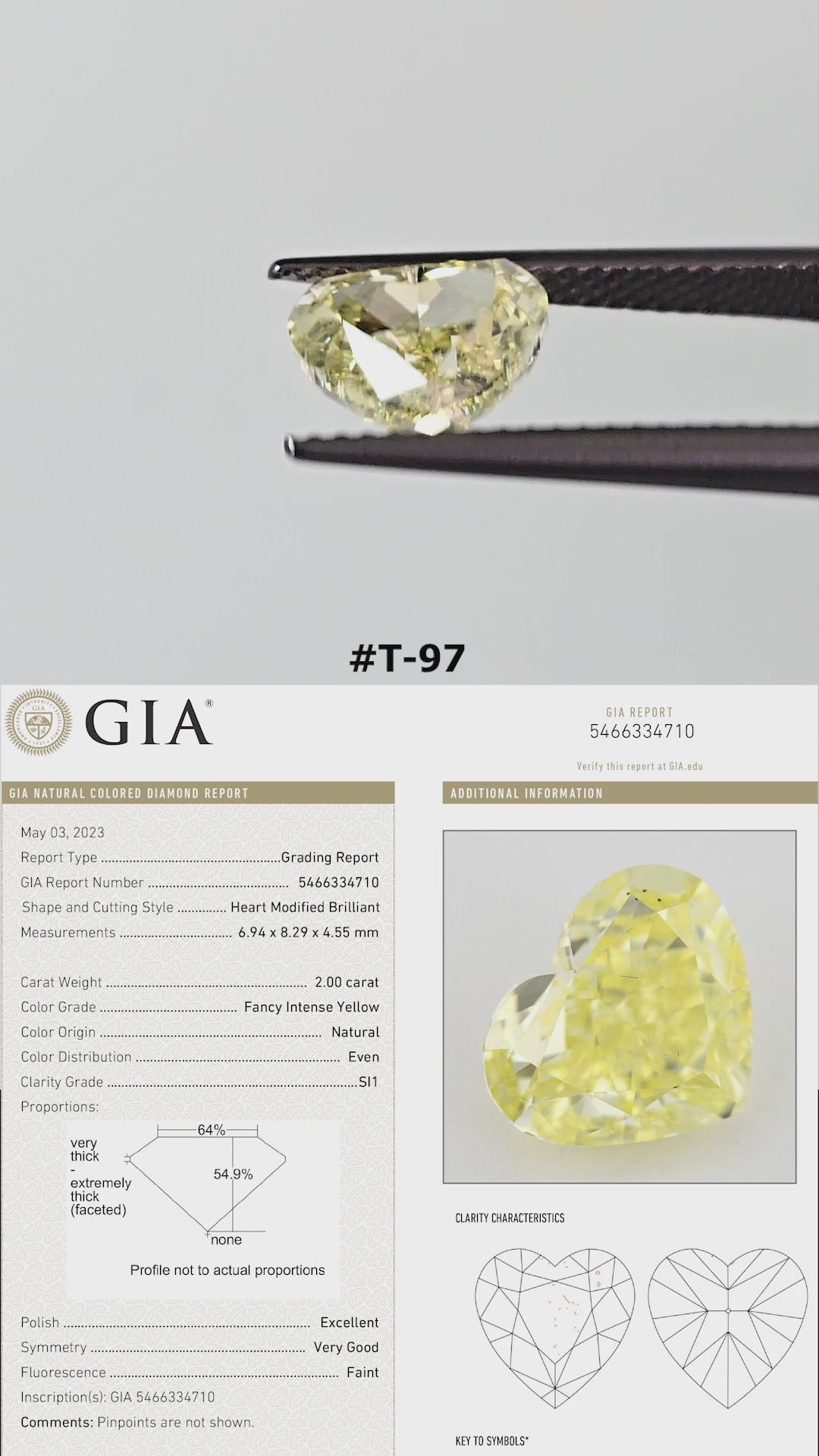 Yellow natural diamond rotating in tweezers and resting on fingertips for scale, with its corresponding GIA report beneath.