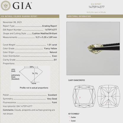 GIA Certified 1.01ct. Fancy Yellow Loose Natural Diamond Cushion SI1 Untreated|Certificate|Genuine|Yellow Diamond