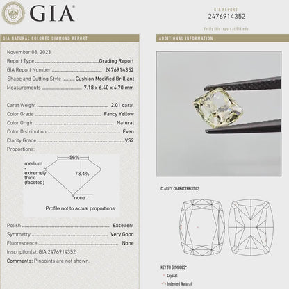 GIA Certified 2.01ct. Fancy Yellow Loose Natural Diamond Cushion VS2 Untreated|Certificate|Genuine|Yellow Diamond