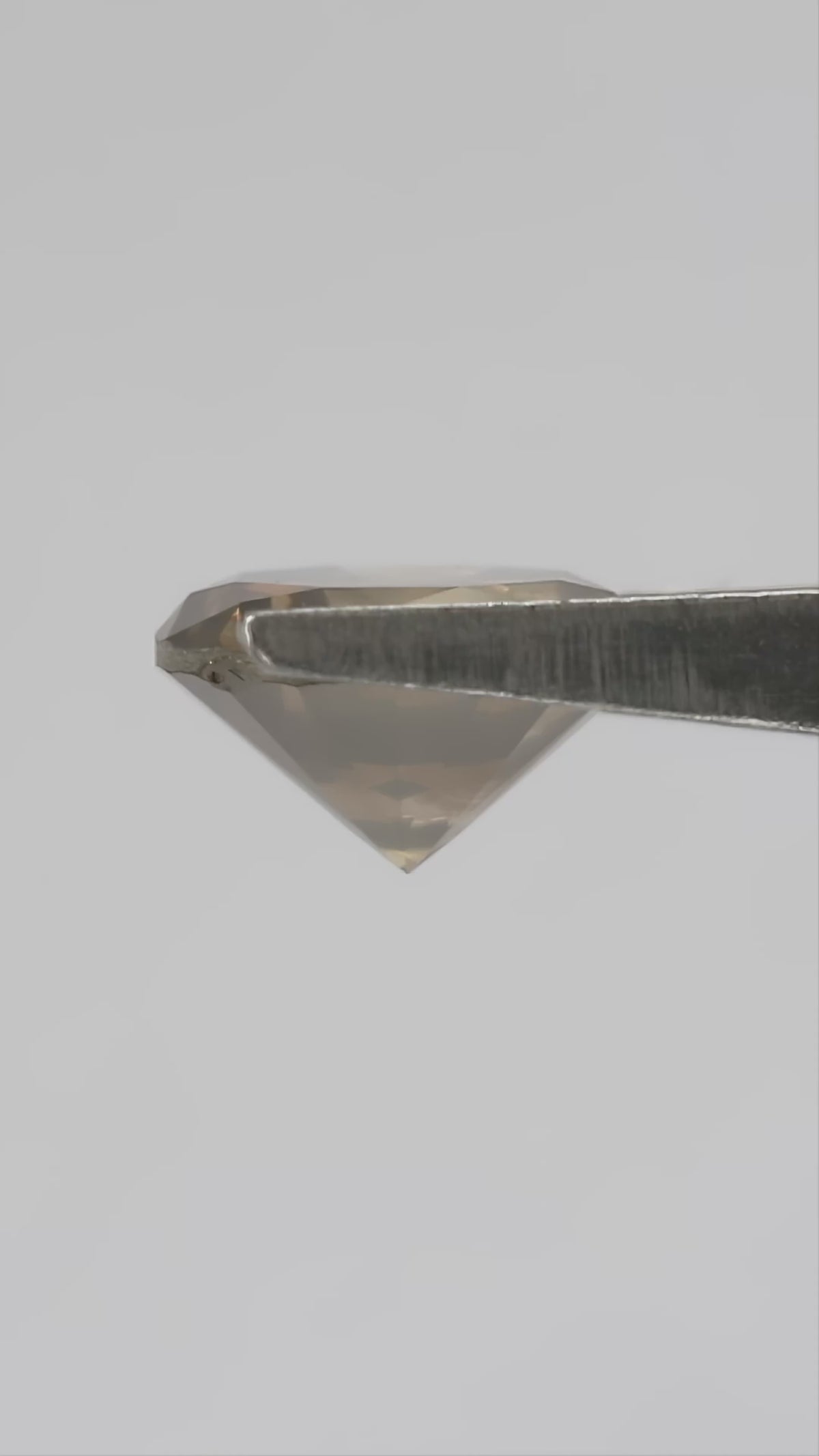 4K hand-scale video of the exact KL446 olive-brown round brilliant diamond between the fingers, showing champagne and golden reflections as it moves.