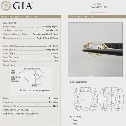 GIA Certified 3.01ct. Fancy Yellow Loose Natural Diamond Cushion SI1 Untreated|Certificate|Genuine|Yellow Diamond