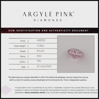 Argyle Certified 0.09ct 7PR Fancy Pink Natural Argyle Pink Diamond Round Briliant