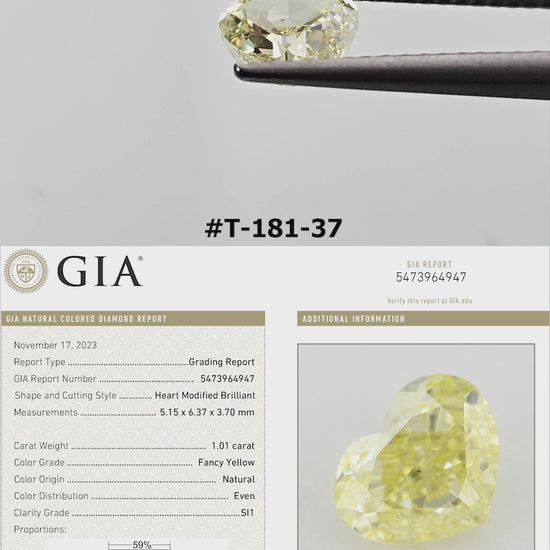 Video of the heart-shaped yellow diamond T-181-37, shown between tweezers and on fingers from several angles.