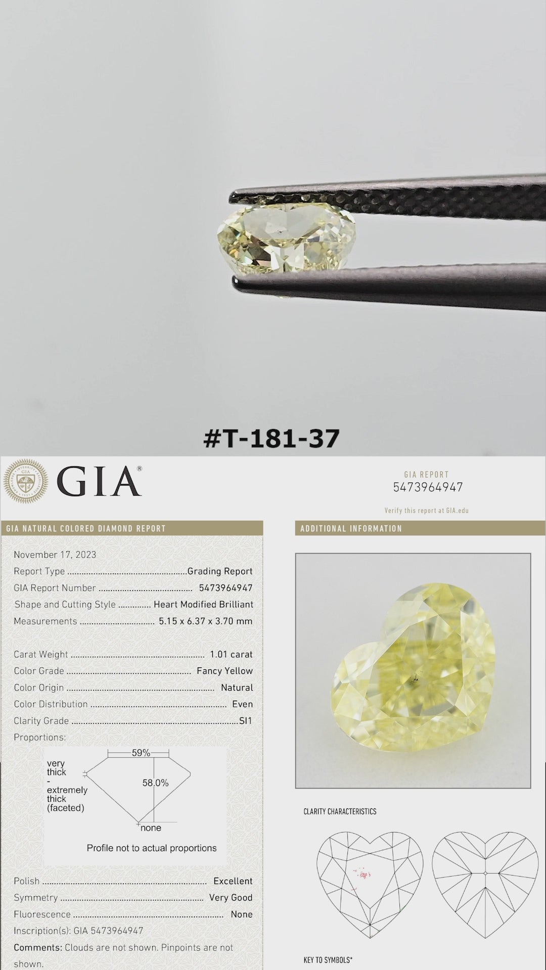 Video of the heart-shaped yellow diamond T-181-37, shown between tweezers and on fingers from several angles.