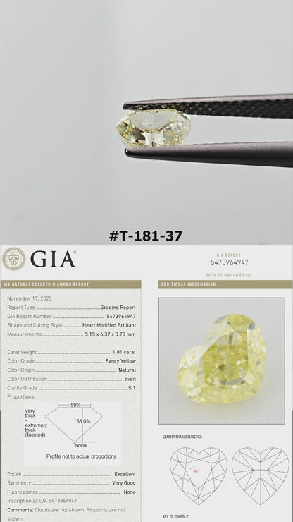 Video of the heart-shaped yellow diamond T-181-37, shown between tweezers and on fingers from several angles.