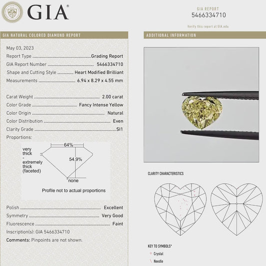 GIA Certified 2.00ct. Fancy Intense Yellow Loose Natural Diamond Heart SI1 Untreated|Certificate|Genuine|Yellow Diamond