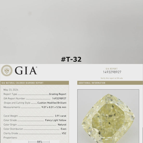 The yellow cushion diamond turns in tweezers and rests on fingertips for scale, with its GIA report panel.