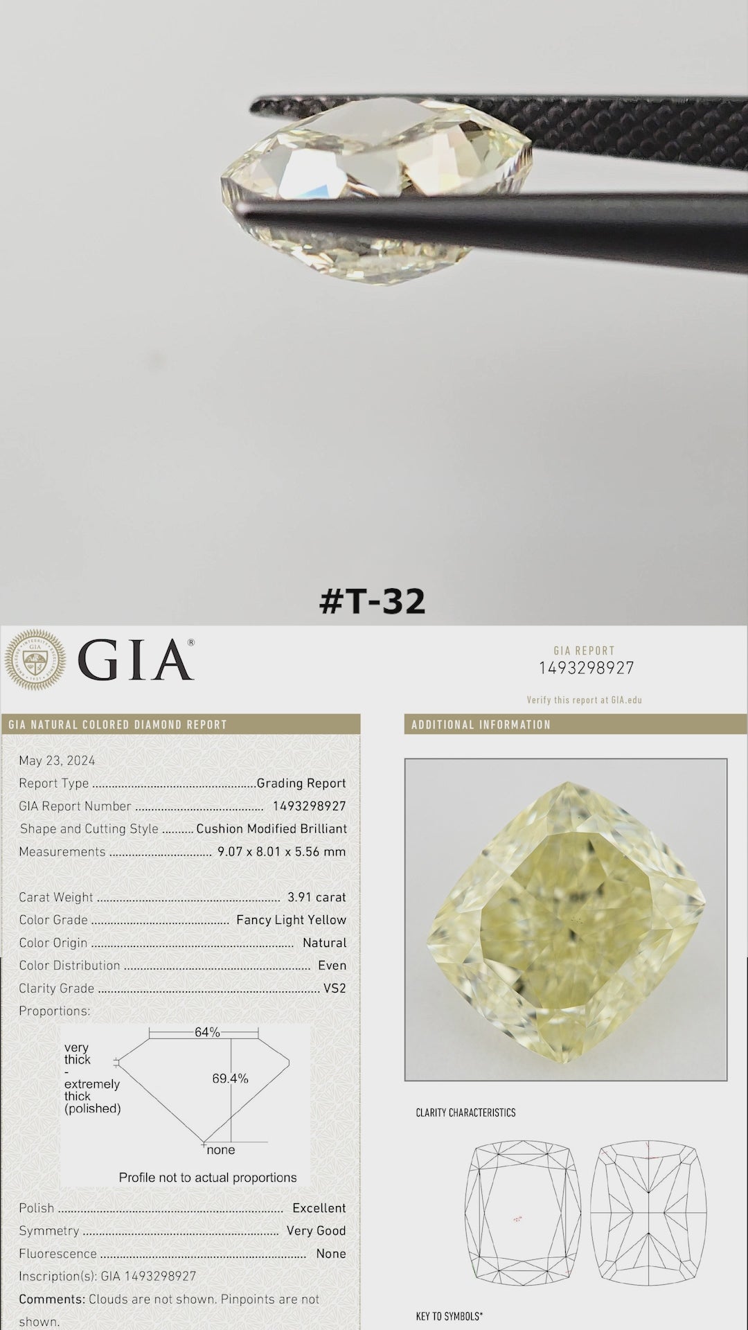 The yellow cushion diamond turns in tweezers and rests on fingertips for scale, with its GIA report panel.