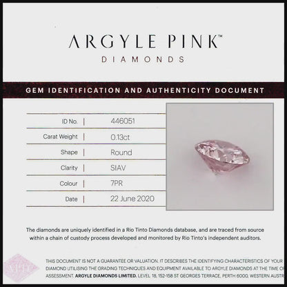 Argyle Certified 0.13ct 7PR Fancy Rose Pink Natural Argyle Pink Diamond Round Brilliant