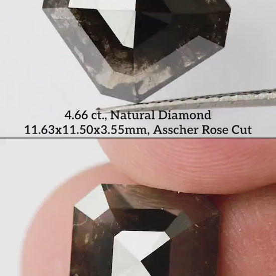 Brownish-black rose-cut diamond rotating in tweezers and between fingertips, with matching measurements.