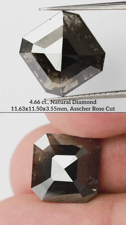 Brownish-black rose-cut diamond rotating in tweezers and between fingertips, with matching measurements.