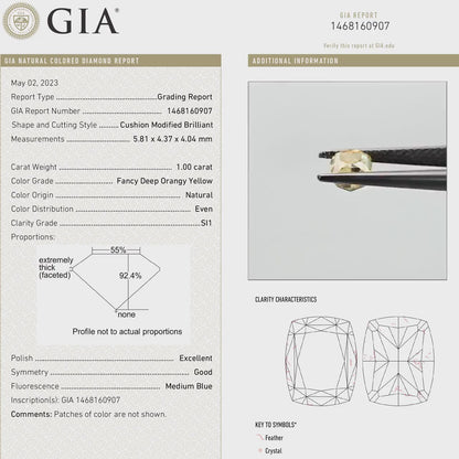 GIA Certified 1.00ct. Fancy Deep Orangy Yellow Loose Natural Diamond Cushion SI1 Untreated|Certificate|Genuine|Yellow Diamond