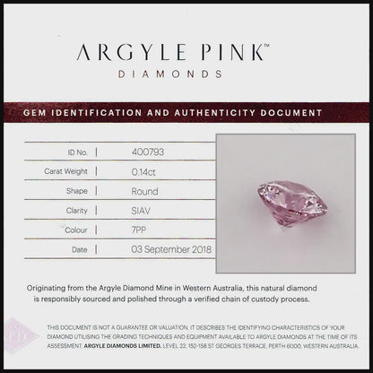 Argyle Certified 0.14ct 7PP Fancy Pink Natural Argyle Pink Diamond Round Brilliant