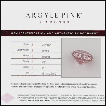 Argyle Certified 0.19ct PC1 Fancy Pink Champagne Natural Argyle Pink Diamond Round Brilliant