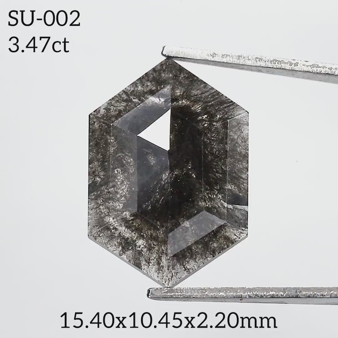 The gray hexagonal diamond turns in tweezers, showing its rose-cut crown and thin profile, with SKU, weight and dimension overlays.