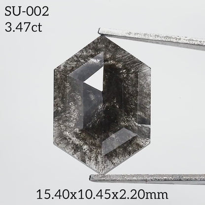 The gray hexagonal diamond turns in tweezers, showing its rose-cut crown and thin profile, with SKU, weight and dimension overlays.