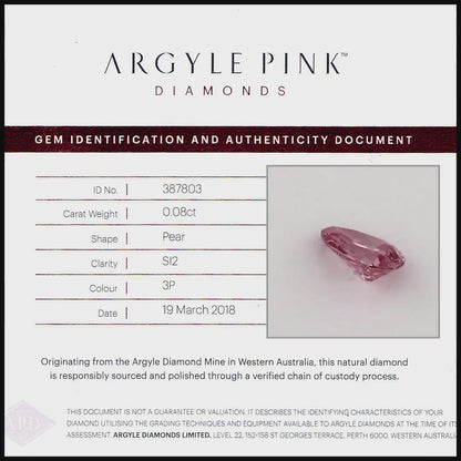 Argyle Certified 0.08ct 3P Fancy Vivid Pink Natural Argyle Pink Diamond Pear Brilliant