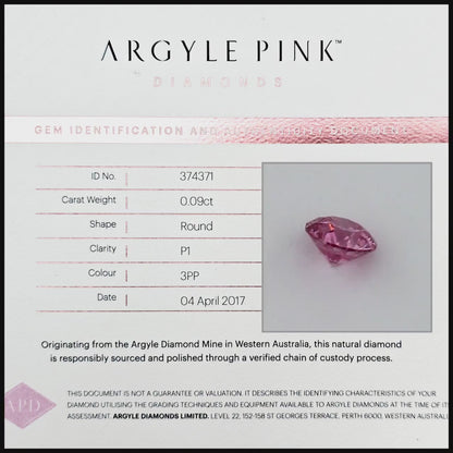 Argyle Certified 0.09ct 3PP Fancy Vivid Purple Pink Natural Argyle Pink Diamond Round Brilliant
