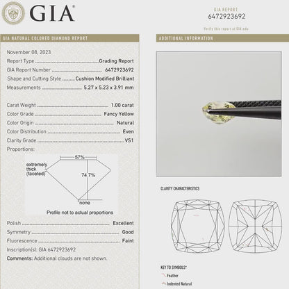 GIA Certified 1.00ct. Fancy Yellow Loose Natural Diamond Cushion VS1 Untreated|Certificate|Genuine|Yellow Diamond