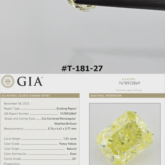 Video of the radiant-cut yellow diamond T-181-27, shown between tweezers and on fingers from several angles.