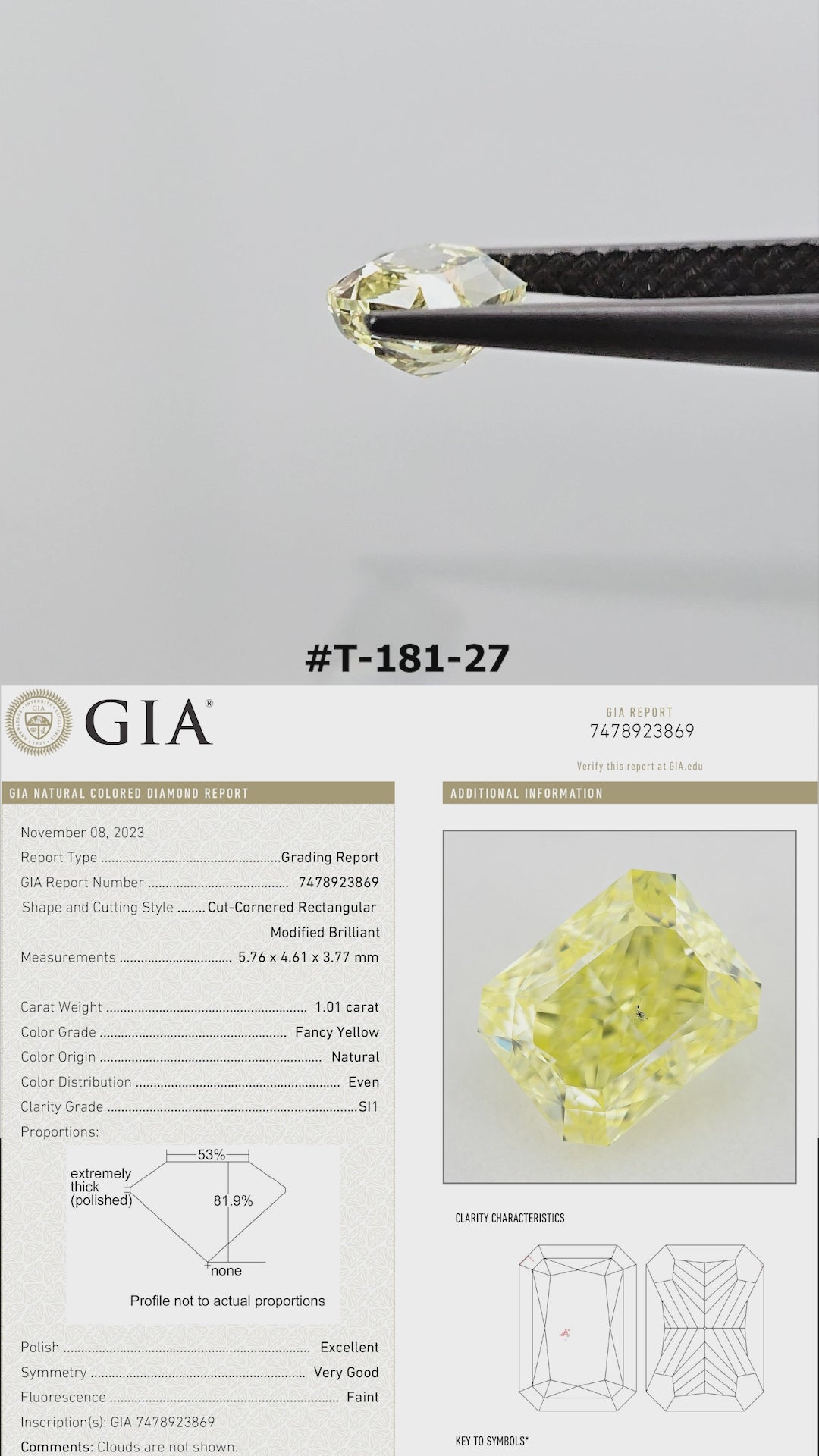 Video of the radiant-cut yellow diamond T-181-27, shown between tweezers and on fingers from several angles.