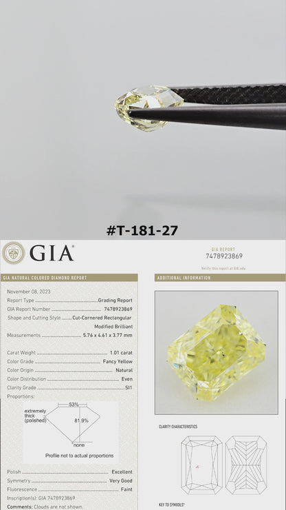 Video of the radiant-cut yellow diamond T-181-27, shown between tweezers and on fingers from several angles.