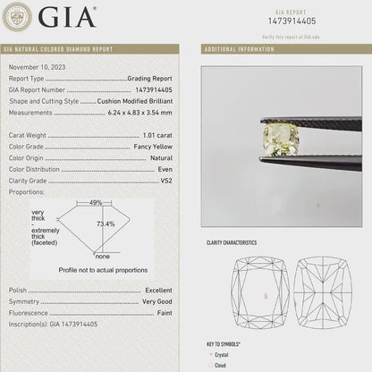 GIA Certified 1.01ct. Fancy Yellow Loose Natural Diamond Cushion VS2 Untreated|Certificate|Genuine|Yellow Diamond