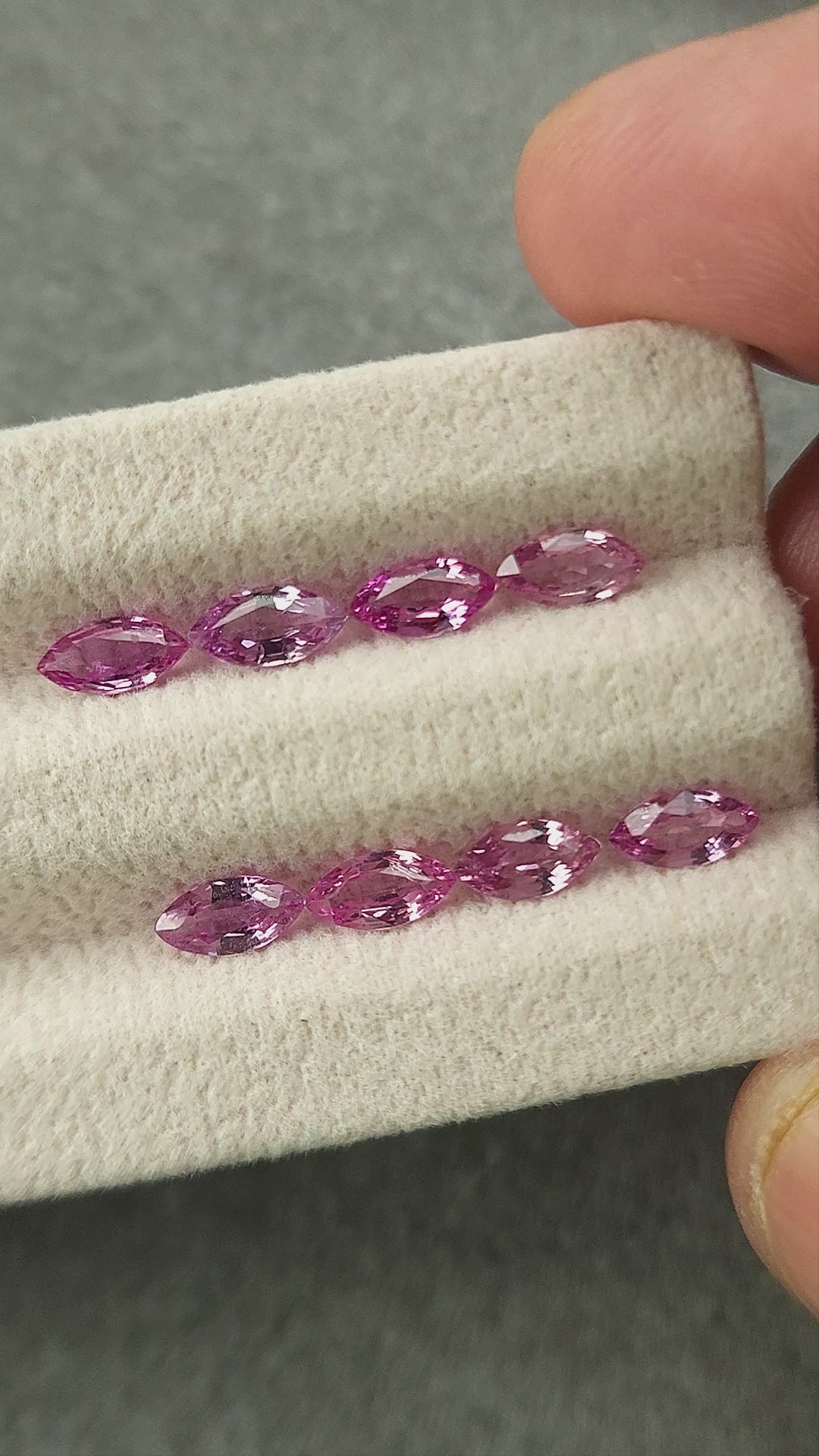 All eight pink marquise sapphires shown in rows on a grooved pad and grouped on a handheld white tray.