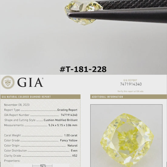 The yellow cushion diamond turns in tweezers and rests on fingertips for scale, with its GIA report panel.
