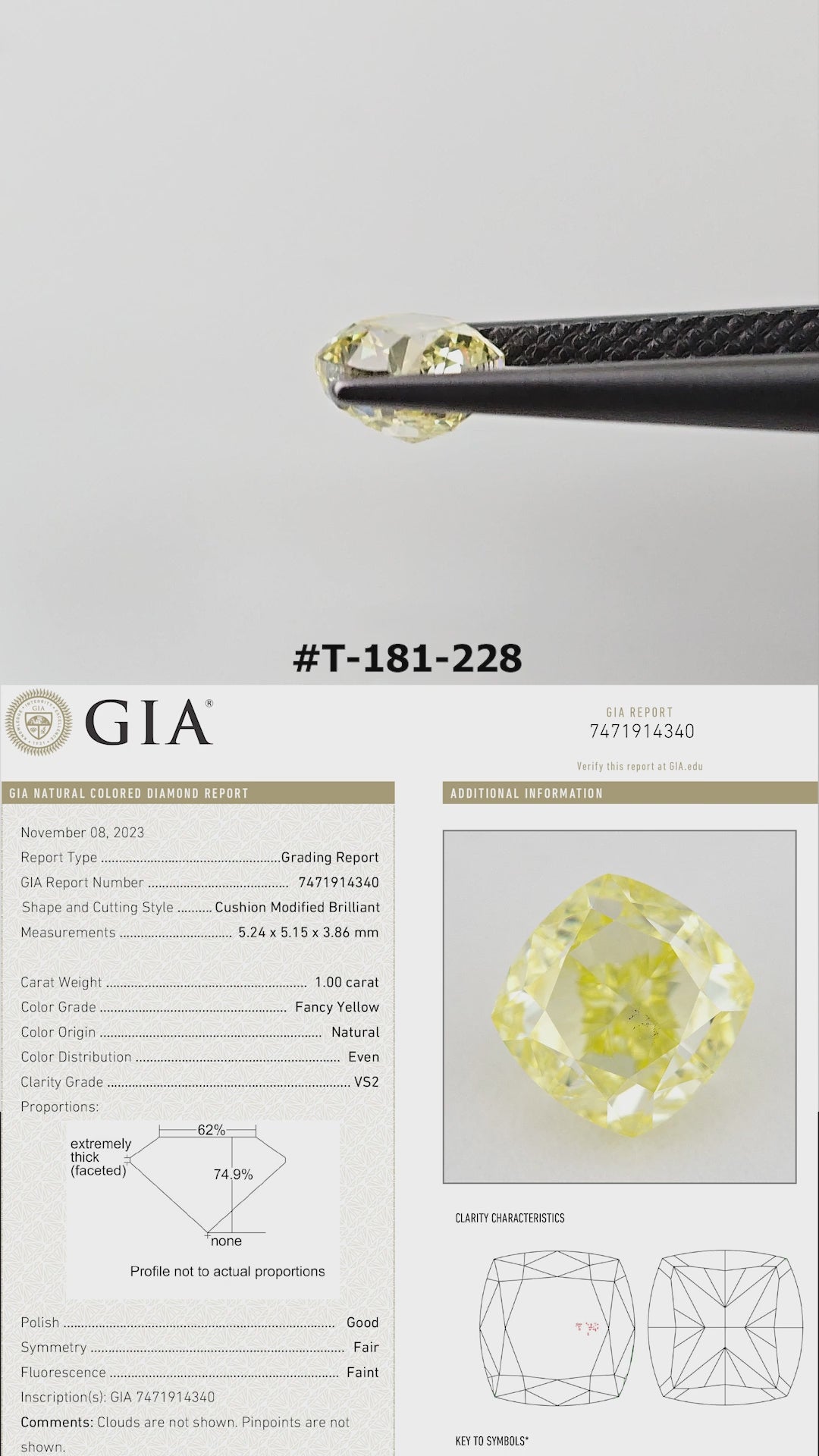 The yellow cushion diamond turns in tweezers and rests on fingertips for scale, with its GIA report panel.