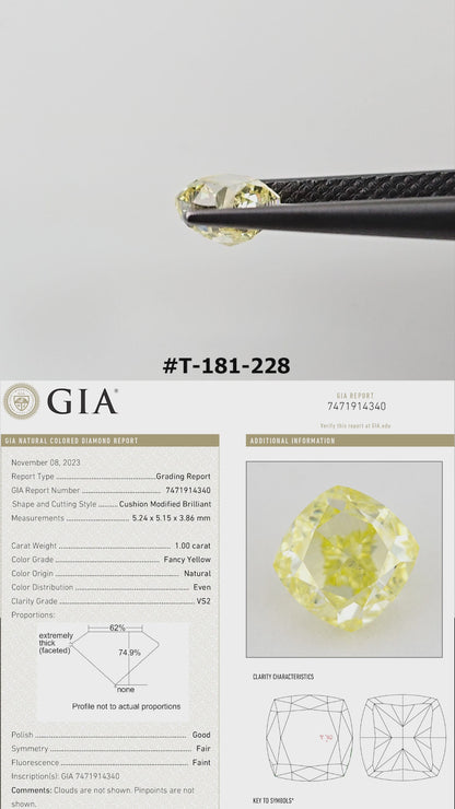 The yellow cushion diamond turns in tweezers and rests on fingertips for scale, with its GIA report panel.