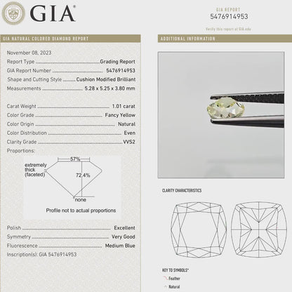 GIA Certified 1.01ct. Fancy Yellow Loose Natural Diamond Cushion VVS2 Untreated|Certificate|Genuine|Yellow Diamond