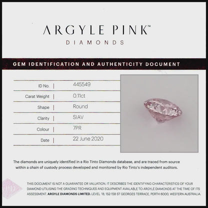 Argyle Certified 0.11ct 7PR Fancy Pink Natural Argyle Pink Diamond Round Brilliant