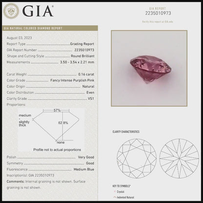 GIA Certified 0.16ct Fancy Intense Purplish Pink Natural Argyle Pink Diamond Round Brilliant VS1