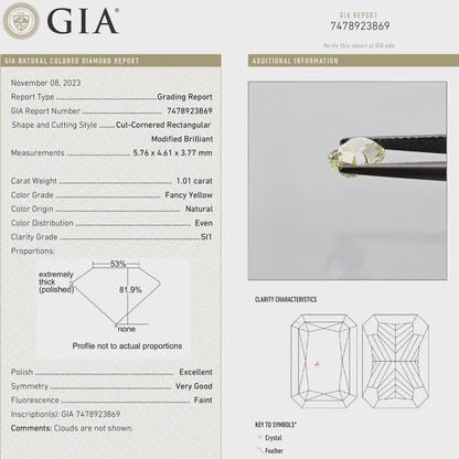 GIA Certified 1.01ct. Fancy Yellow Loose Natural Diamond Radiant Emerald SI1 Untreated|Certificate|Genuine|Yellow Diamond