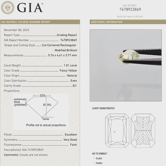 GIA Certified 1.01ct. Fancy Yellow Loose Natural Diamond Radiant Emerald SI1 Untreated|Certificate|Genuine|Yellow Diamond