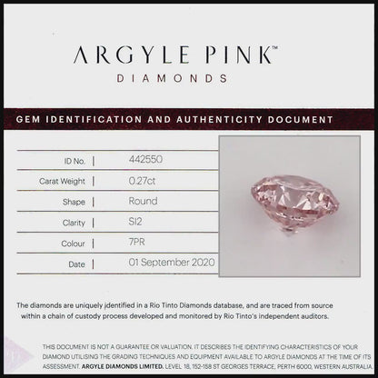 Argyle Certified 0.27ct 7PR Fancy Pink Natural Argyle Pink Diamond Round Brilliant