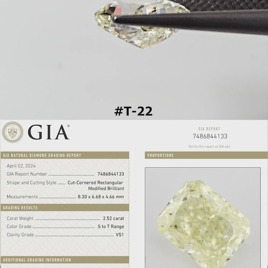 Yellow natural diamond rotating in tweezers and resting on fingertips for scale, with its corresponding GIA report beneath.