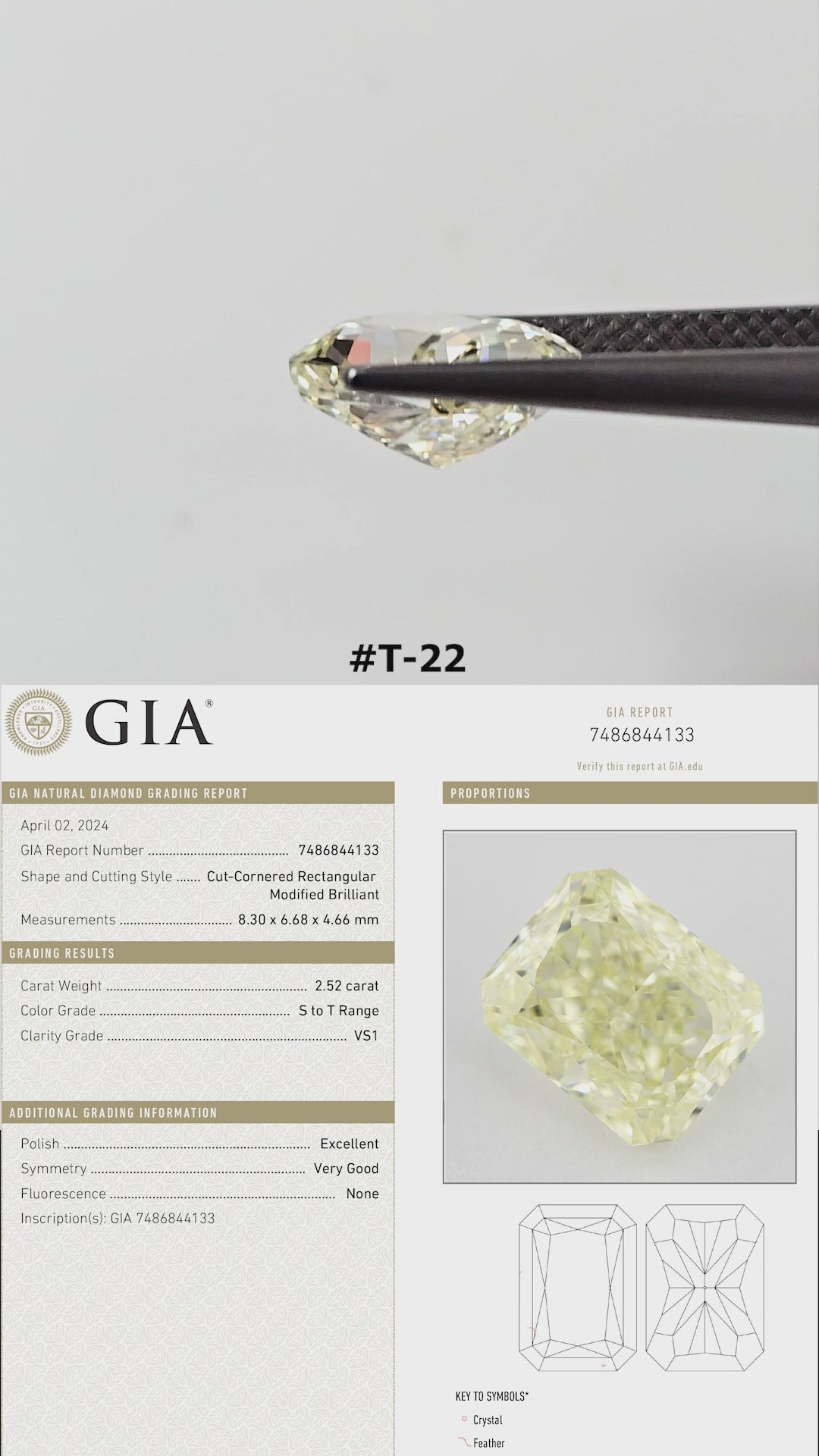 Yellow natural diamond rotating in tweezers and resting on fingertips for scale, with its corresponding GIA report beneath.